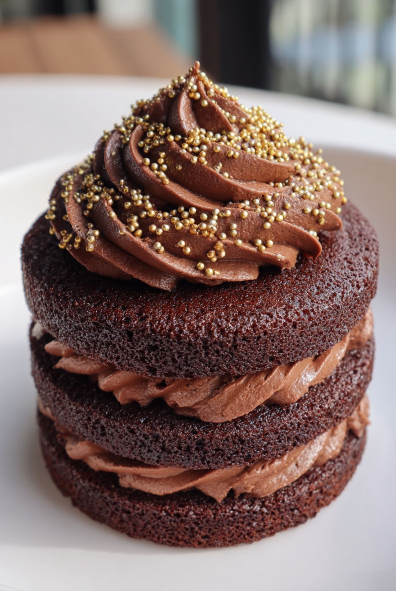 Petit gâteau au chocolat à trois couches avec crème onctueuse et topping de billes dorées, présenté sur une assiette blanche.