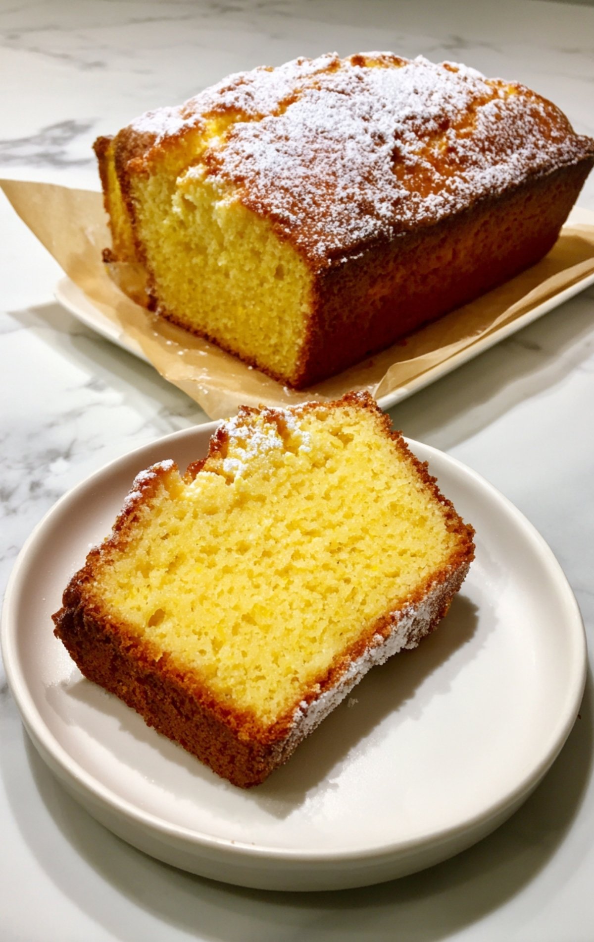 Gâteau au citron Thermomix coupé avec une part servie sur une assiette, saupoudré de sucre glace