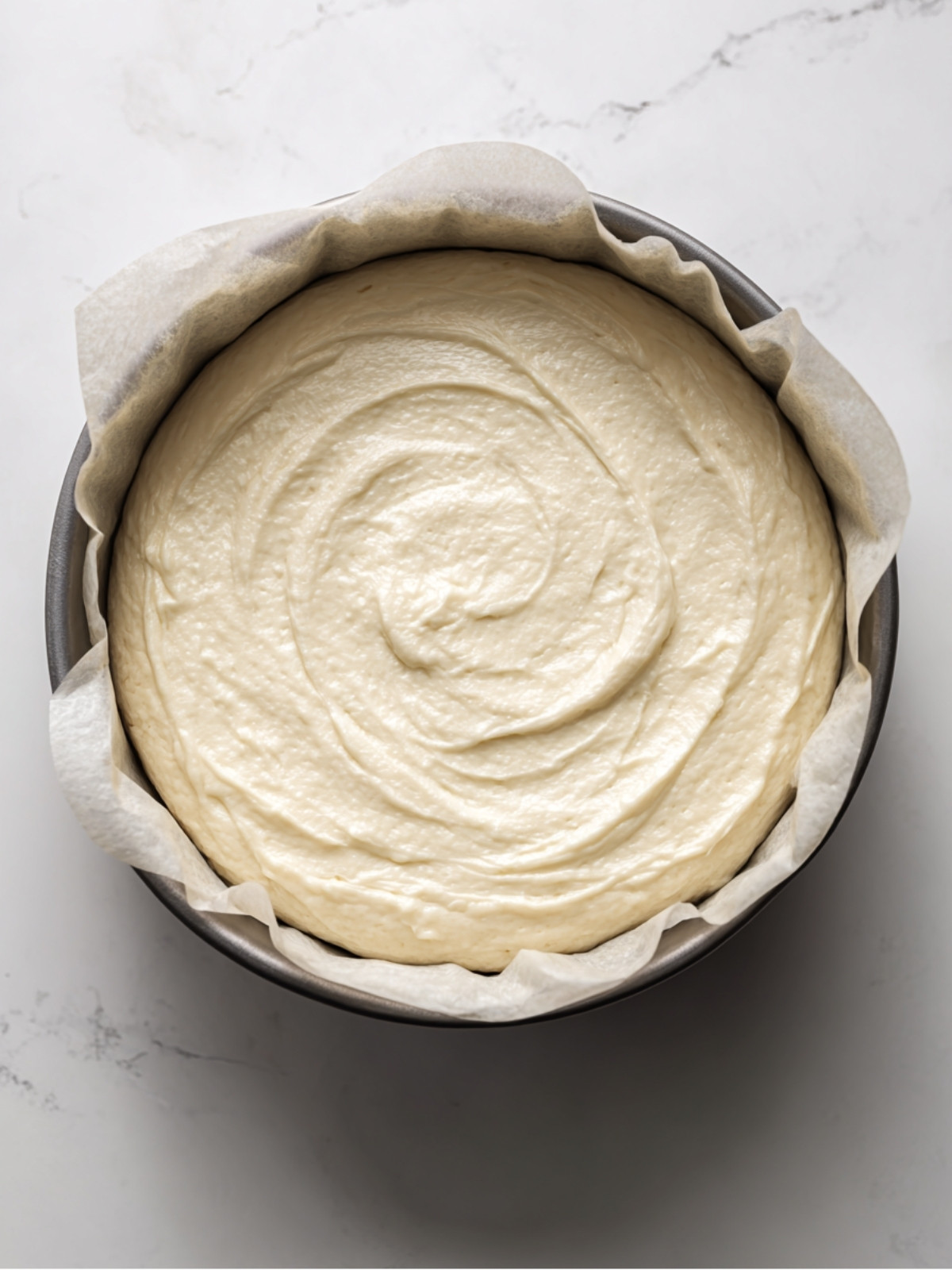Pâte au skyr versée dans un moule rond chemisé, prête à cuire.