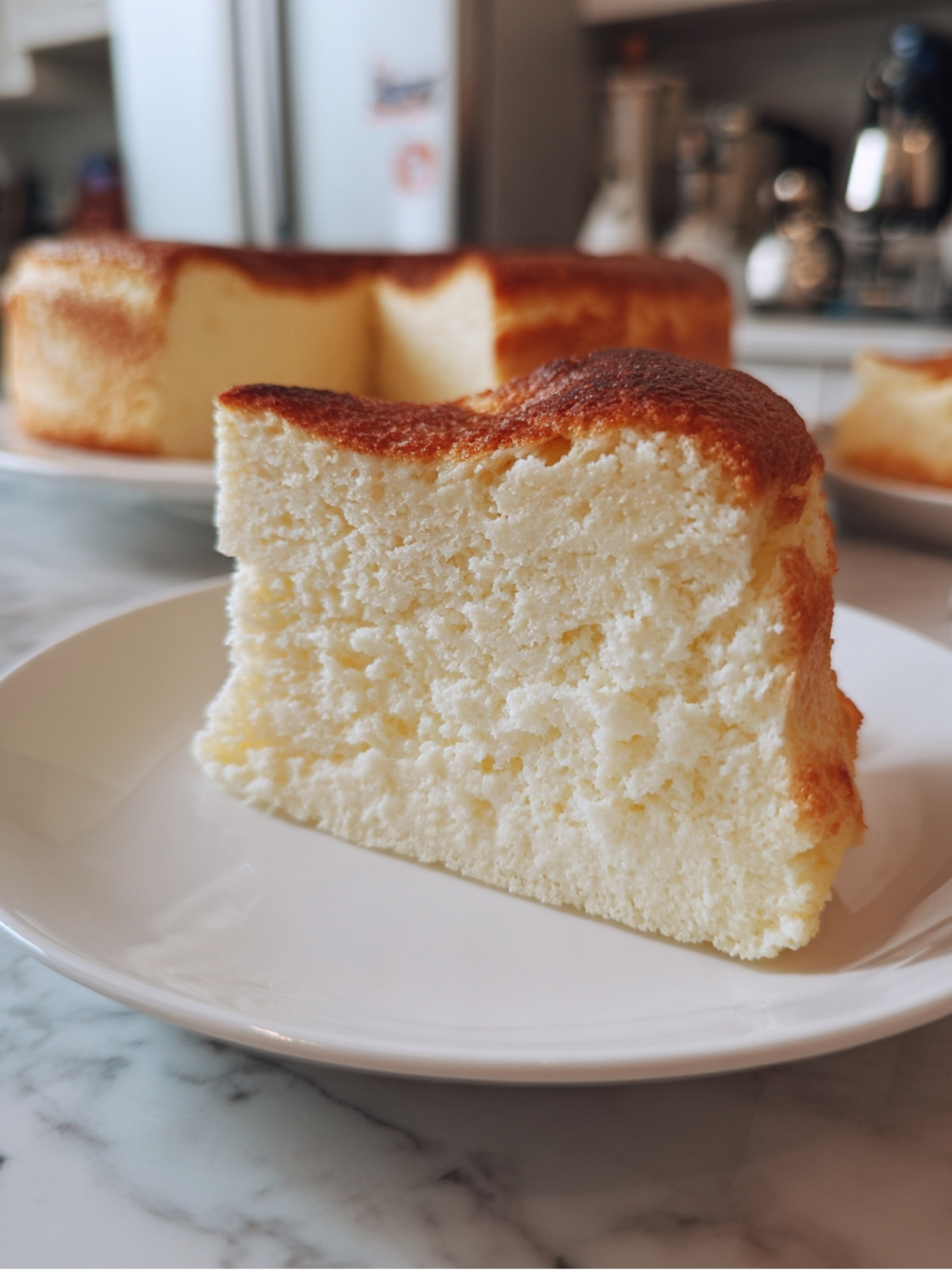 Tranche de gâteau au skyr, mie très moelleuse, posée sur une assiette blanche.