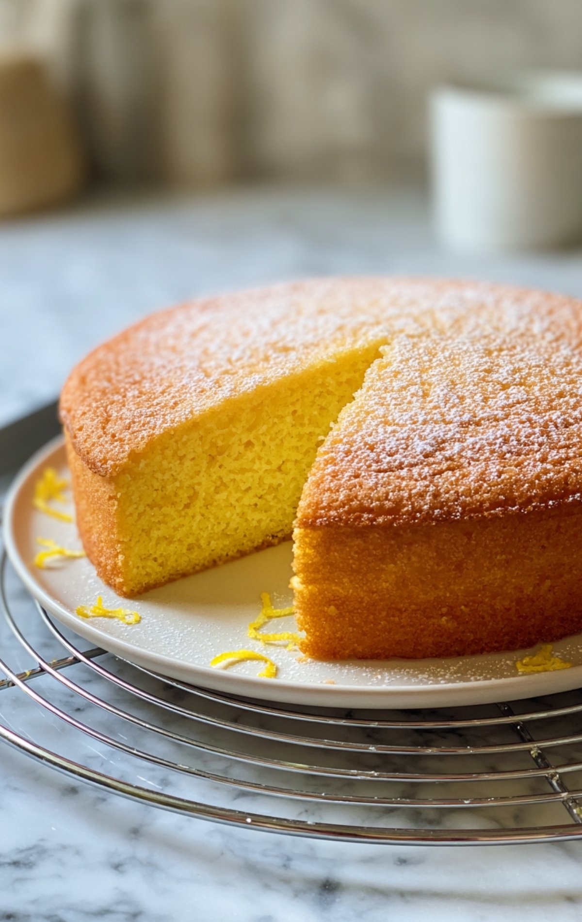 Gâteau léger au citron entier, saupoudré de sucre glace, présenté sur une assiette.