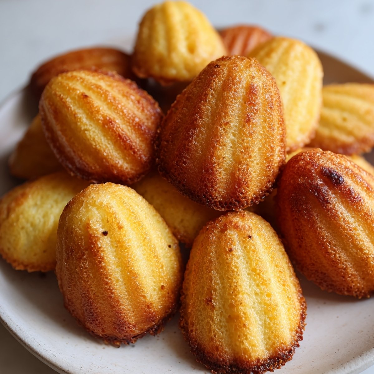 Assiette de madeleines au yaourt dorées, avec la bosse caractéristique, empilées sur une assiette blanche.