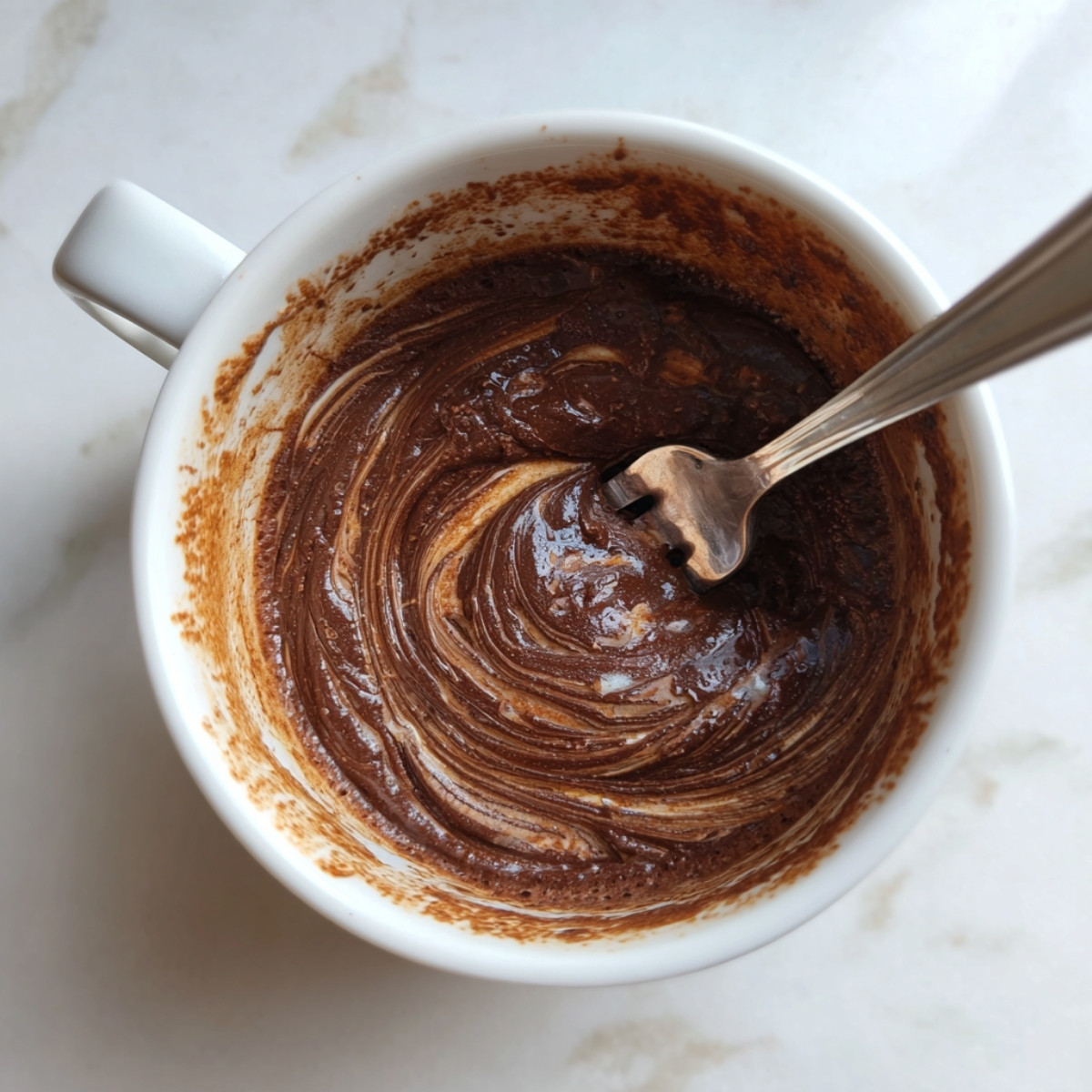 Pâte de mug cake Nutella fondant mélangée à la fourchette dans une tasse blanche, prête à cuire