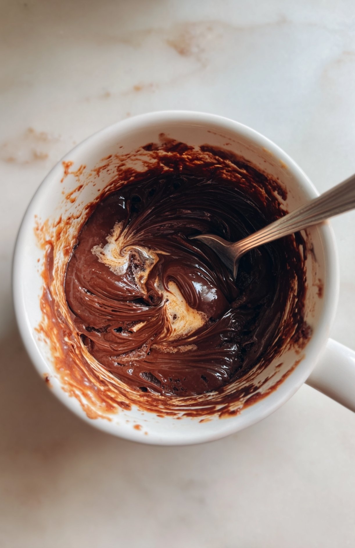Préparation de mug cake Nutella fondant dans une tasse, mélange chocolaté avant cuisson