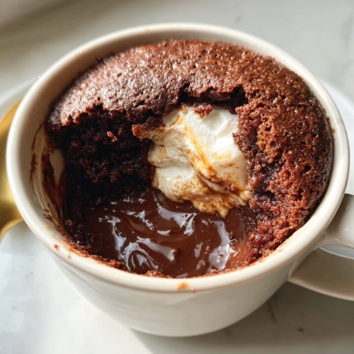 Mug cake Nutella fondant avec cœur coulant et chantilly dans une tasse blanche