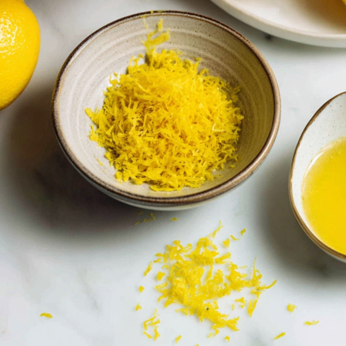 Bol contenant des zestes de citron râpés, à côté d'un bol de jus de citron et d'un citron entier.