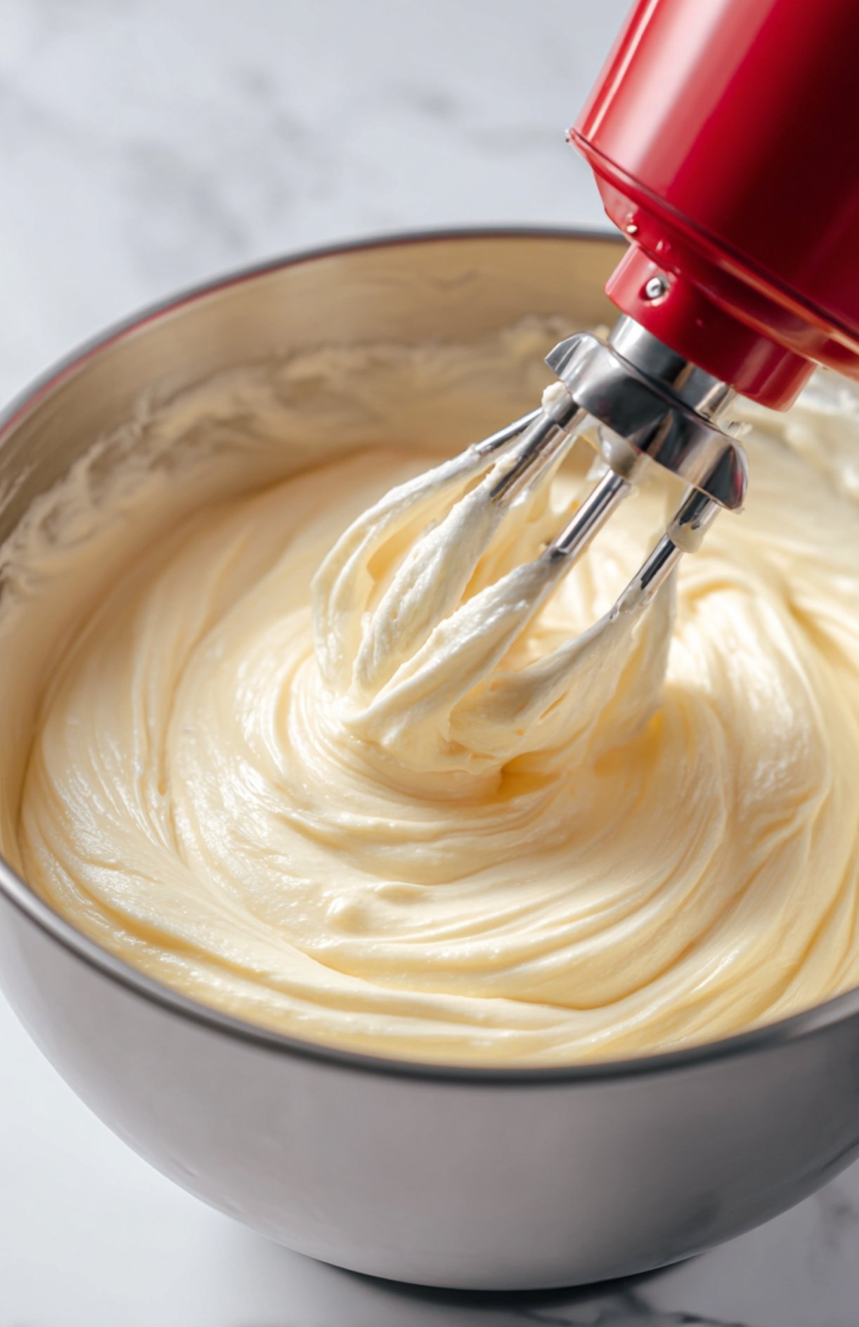 Crème fouettée onctueuse dans un saladier en inox, fouettée avec un batteur électrique rouge. Prête pour garnir un gâteau.
