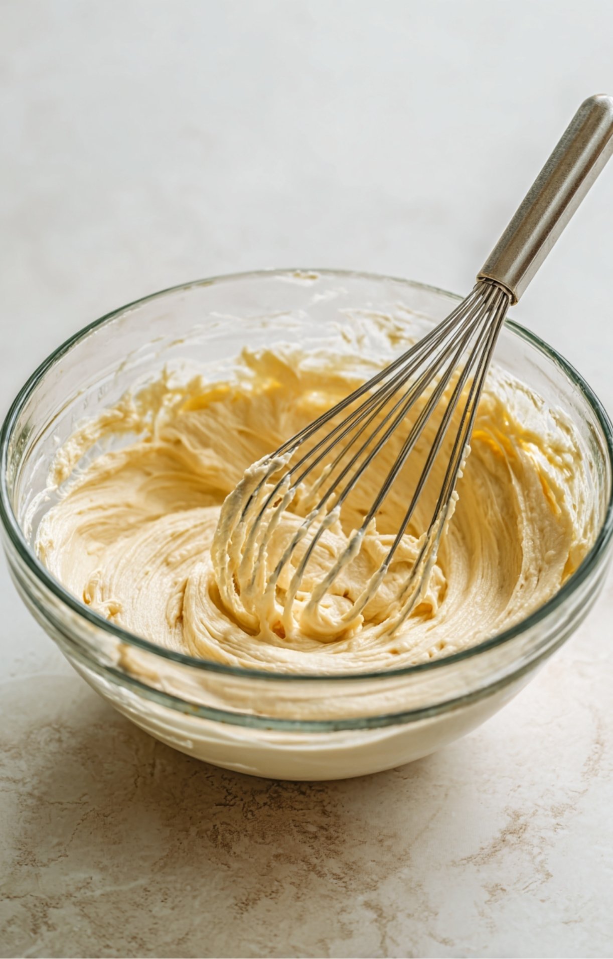 Bol avec fouet et pâte claire en préparation pour un cake sain sans sucre, étape du mélange des œufs et de la compote.