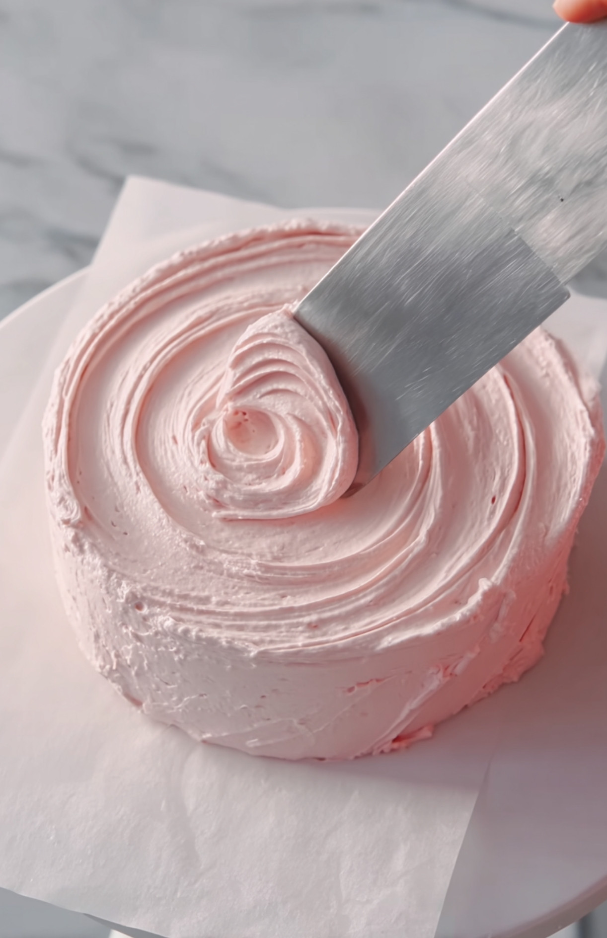 Un petit gâteau rond recouvert d'une couche lisse de crème rose, lissée à la spatule pour un effet parfait.