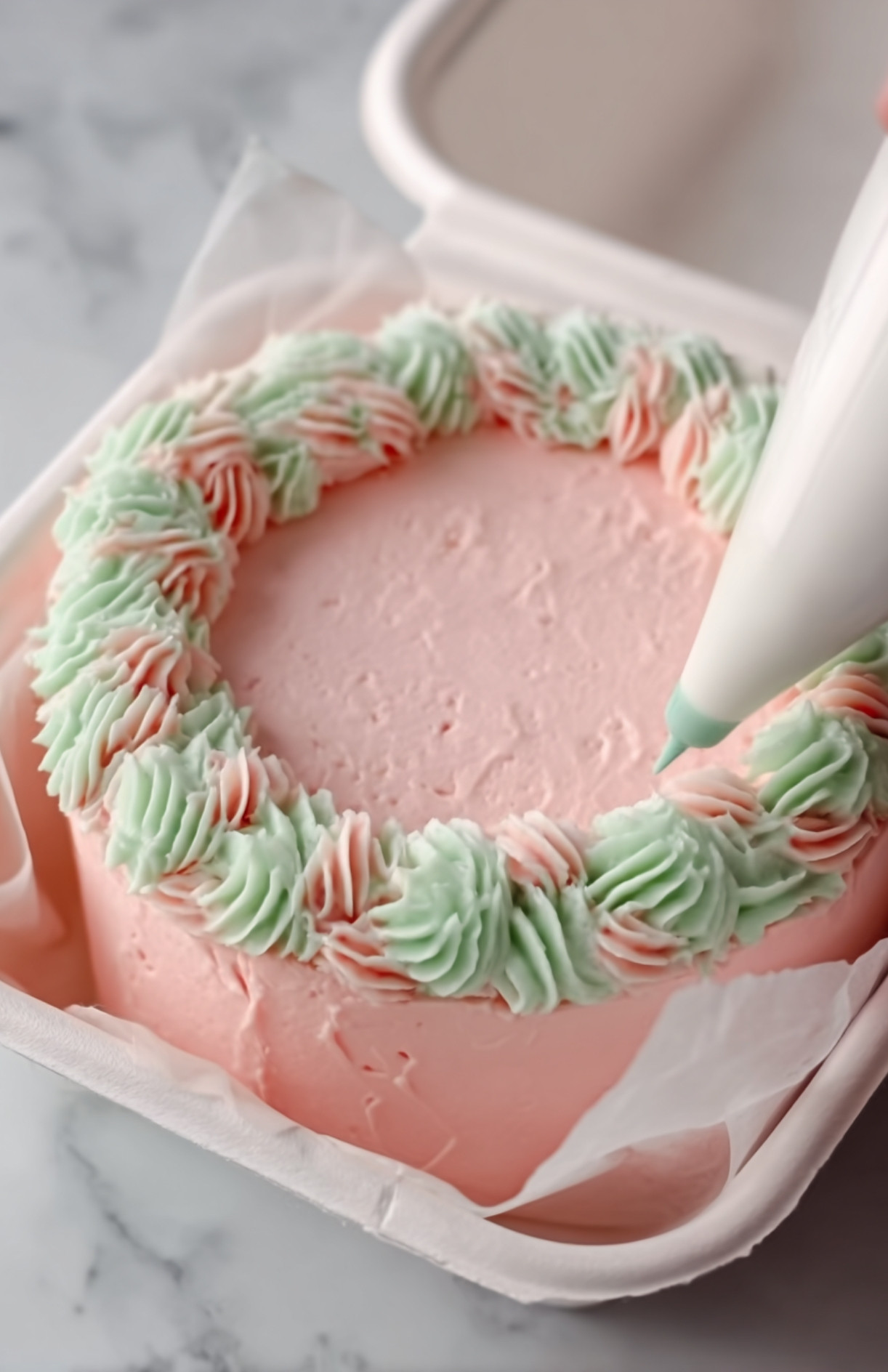 Décoration d'un bento cake : poche à douille en main, ajout de rosaces vertes et roses sur le dessus du gâteau dans sa boîte.