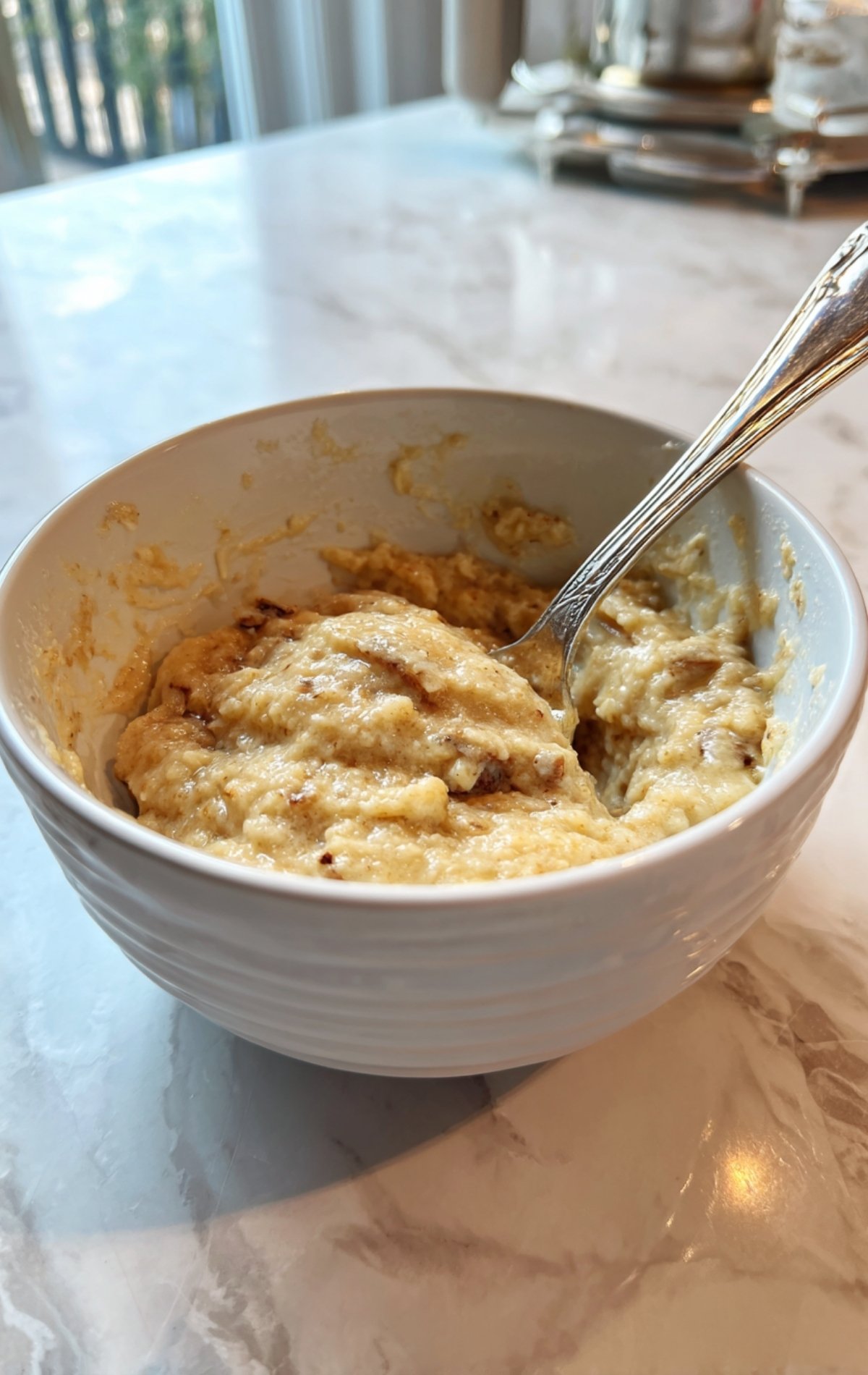 Purée de bananes bien mûres mélangée dans un bol blanc avec une fourchette
