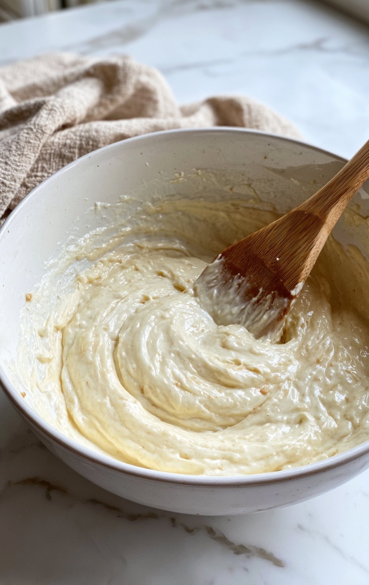 Pâte à cake maison crémeuse mélangée à la cuillère en bois dans un grand bol blanc
