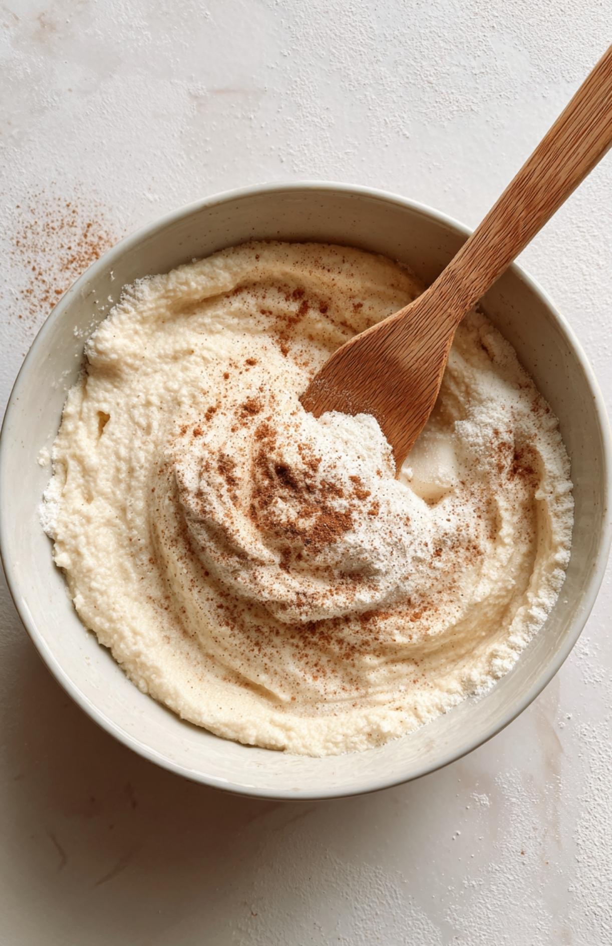 Mélange de pâte à gâteau au yaourt avec cannelle et farine, prêt à être incorporé