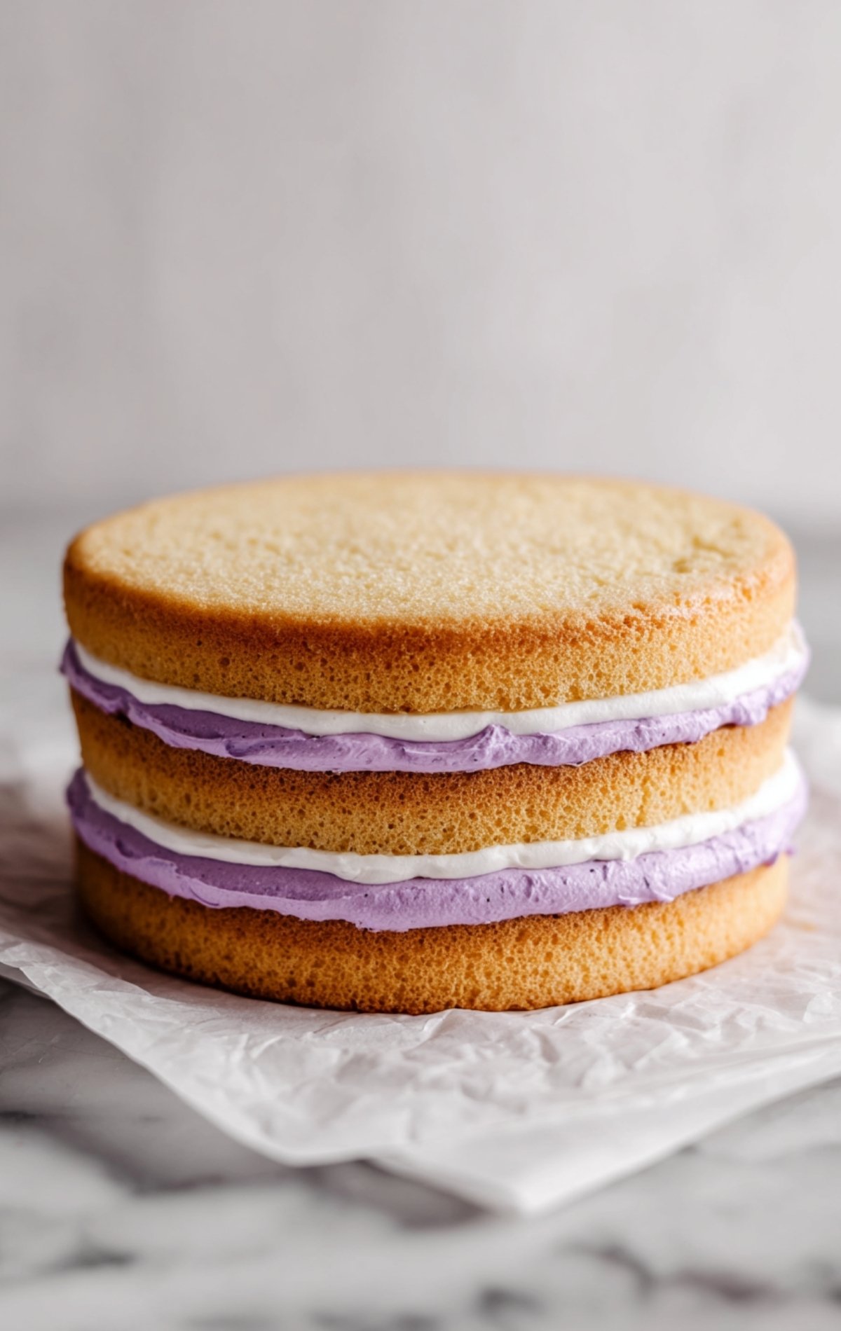 Montage du bento cake: trois disques de génoise garnis de crème violette et blanche avant lissage.