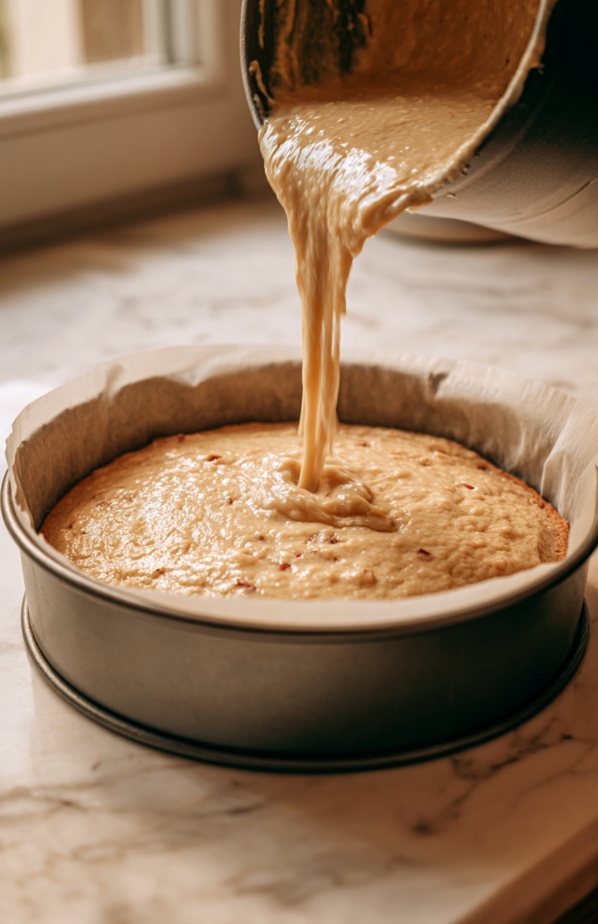 Versement de la pâte à gâteau dans un moule rond chemisé de papier cuisson