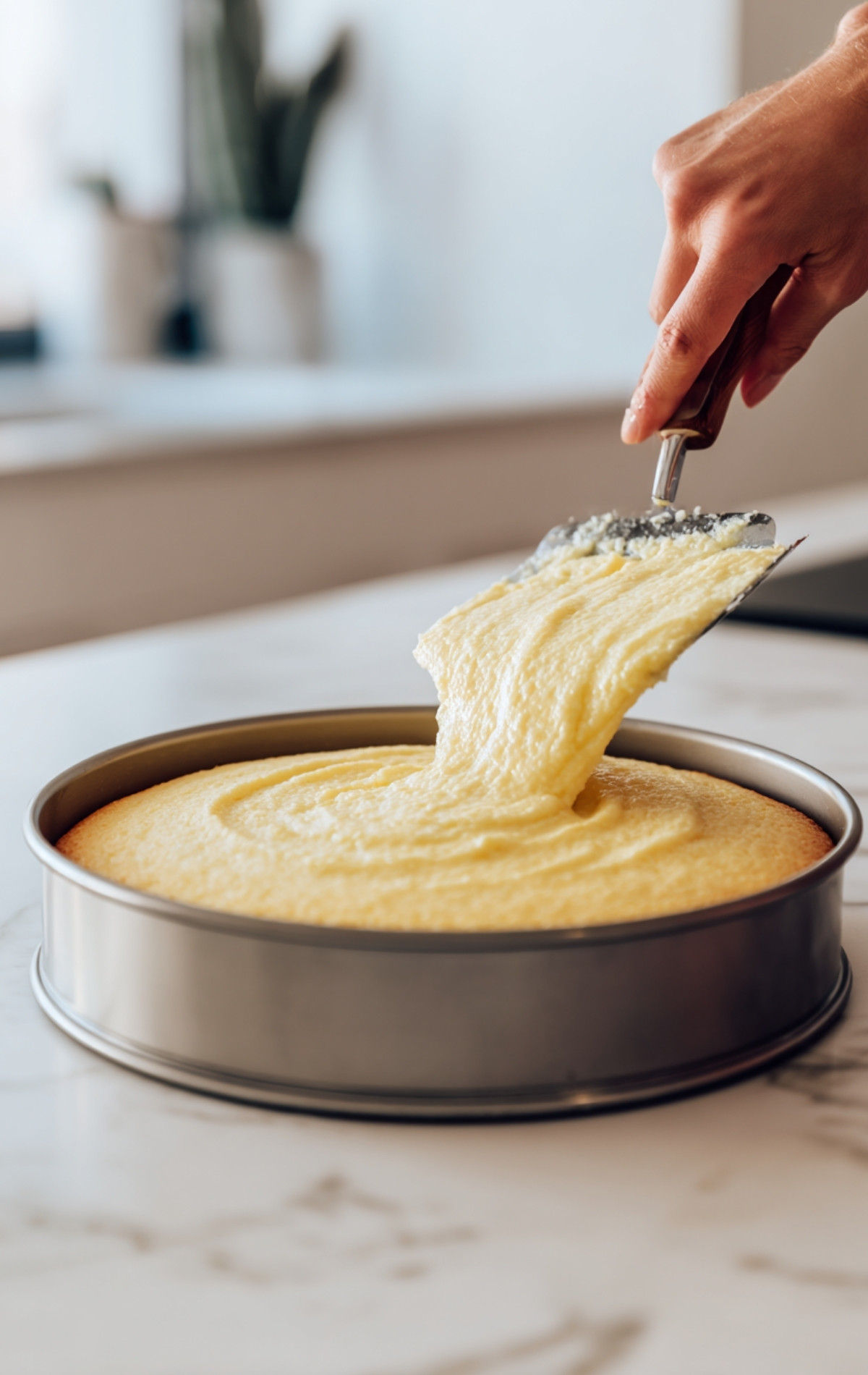 Une main étale la pâte à l'aide d'une spatule dans un moule rond avant cuisson.