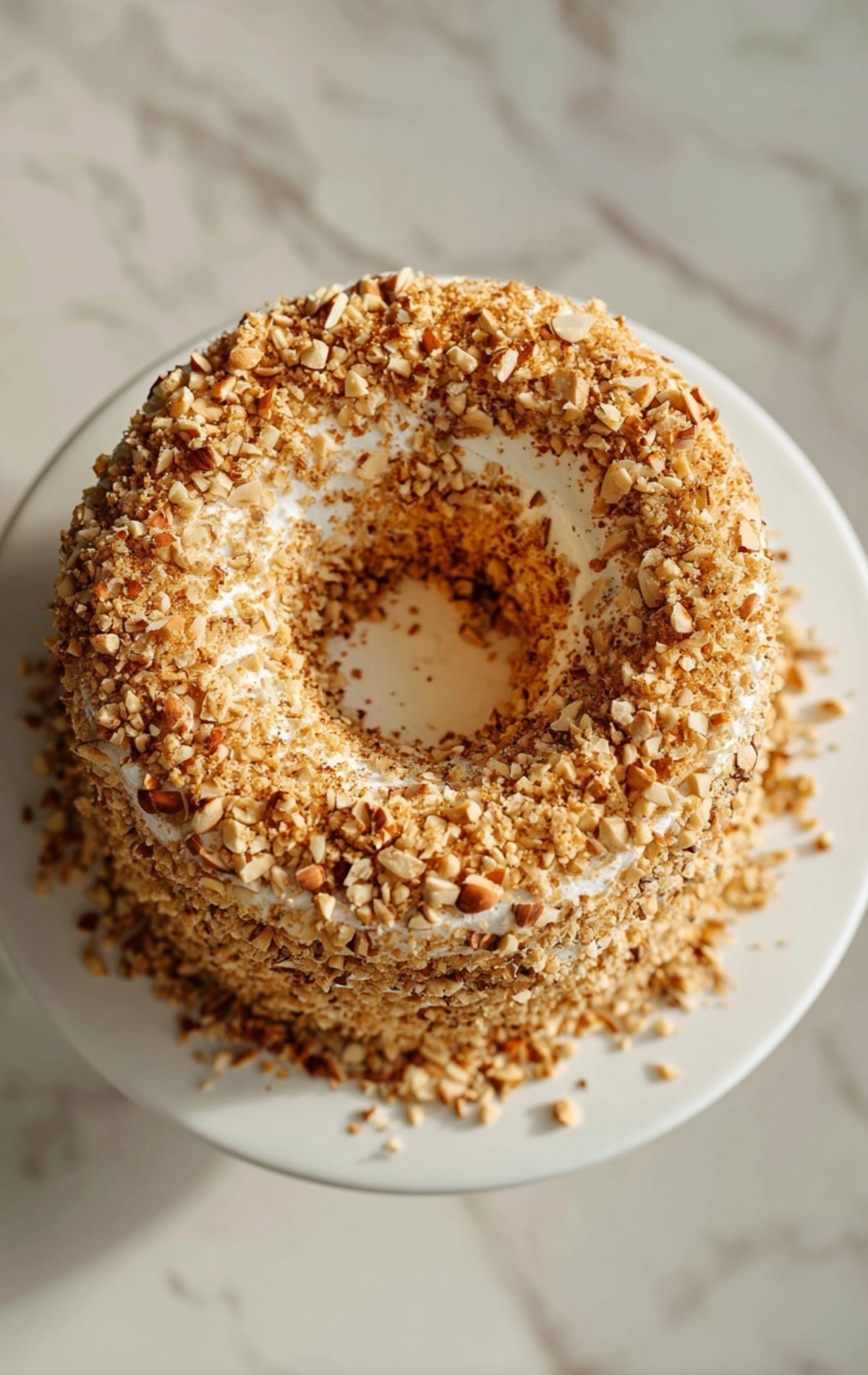 fedora gateau entier garni de crème à la ricotta et décoré d'amandes grillées, vu du dessus