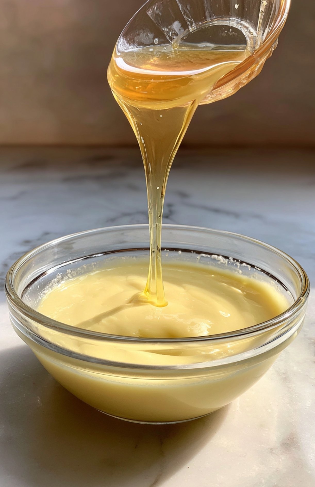 Ajout du beurre fondu et du miel dans la pâte à gâteau aux pommes pour un rendu fondant et doré.