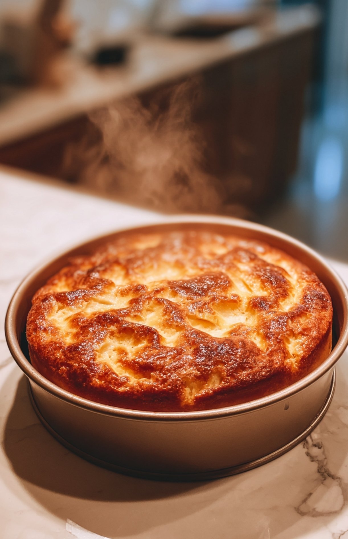 Gâteau au yaourt aux pommes fraîchement sorti du four, encore fumant dans son moule
