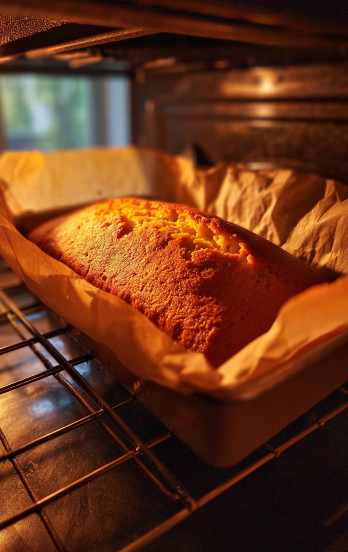 Cake doré en train de cuire dans un four, bien gonflé et légèrement craquelé