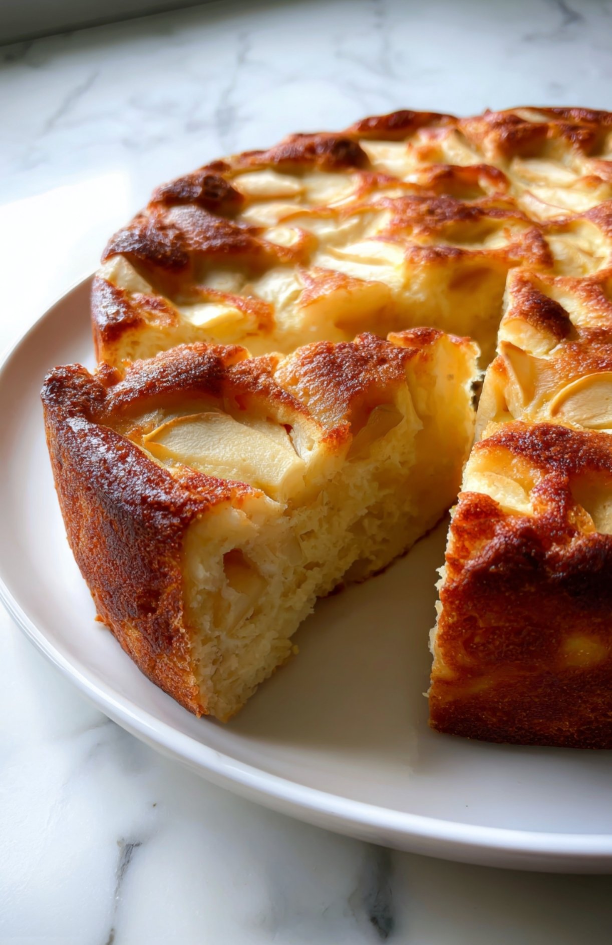 Gâteau au yaourt aux pommes doré, refroidi et prêt à être servi