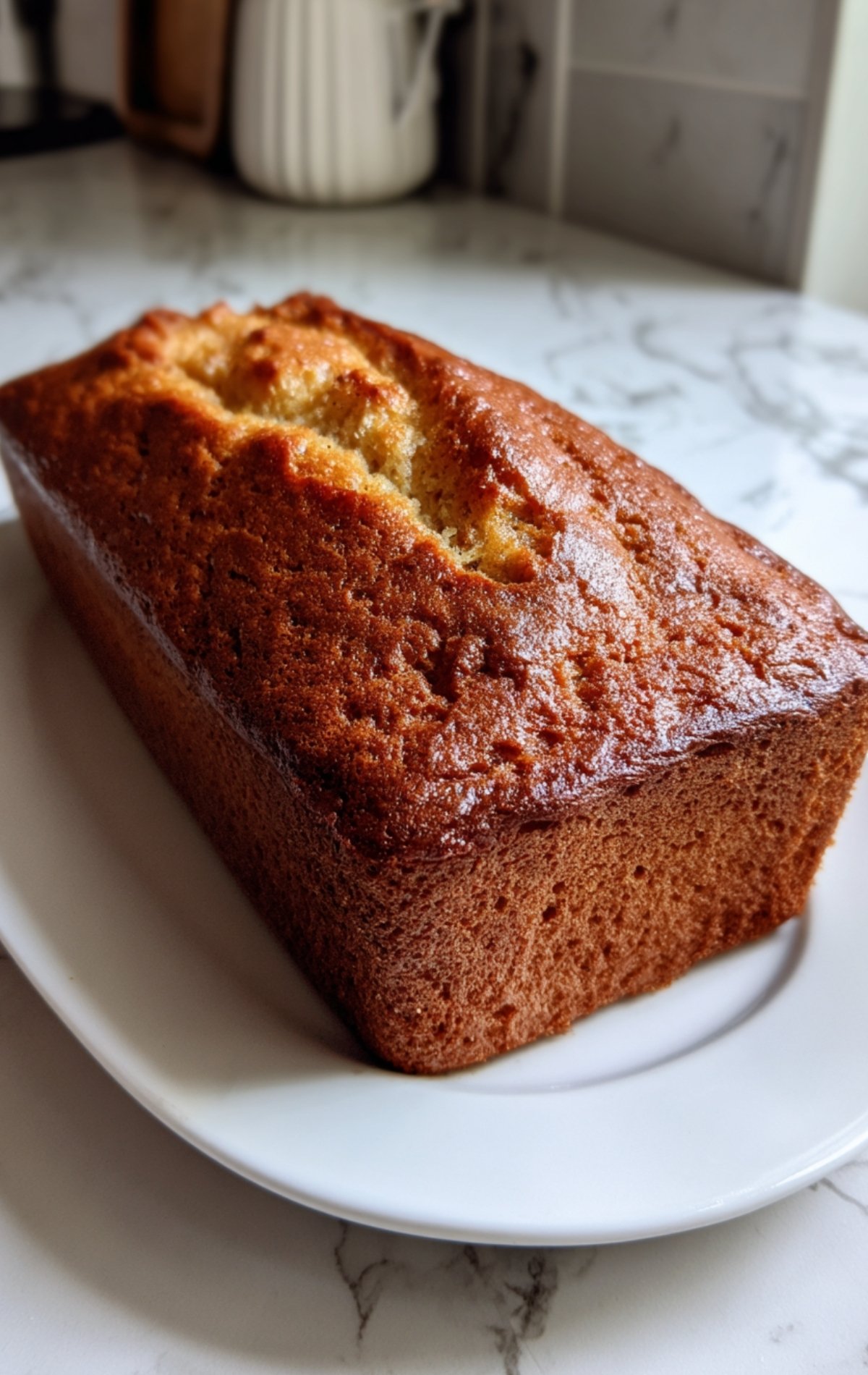Cake sans sucre doré démoulé, posé sur une assiette blanche, prêt à être dégusté