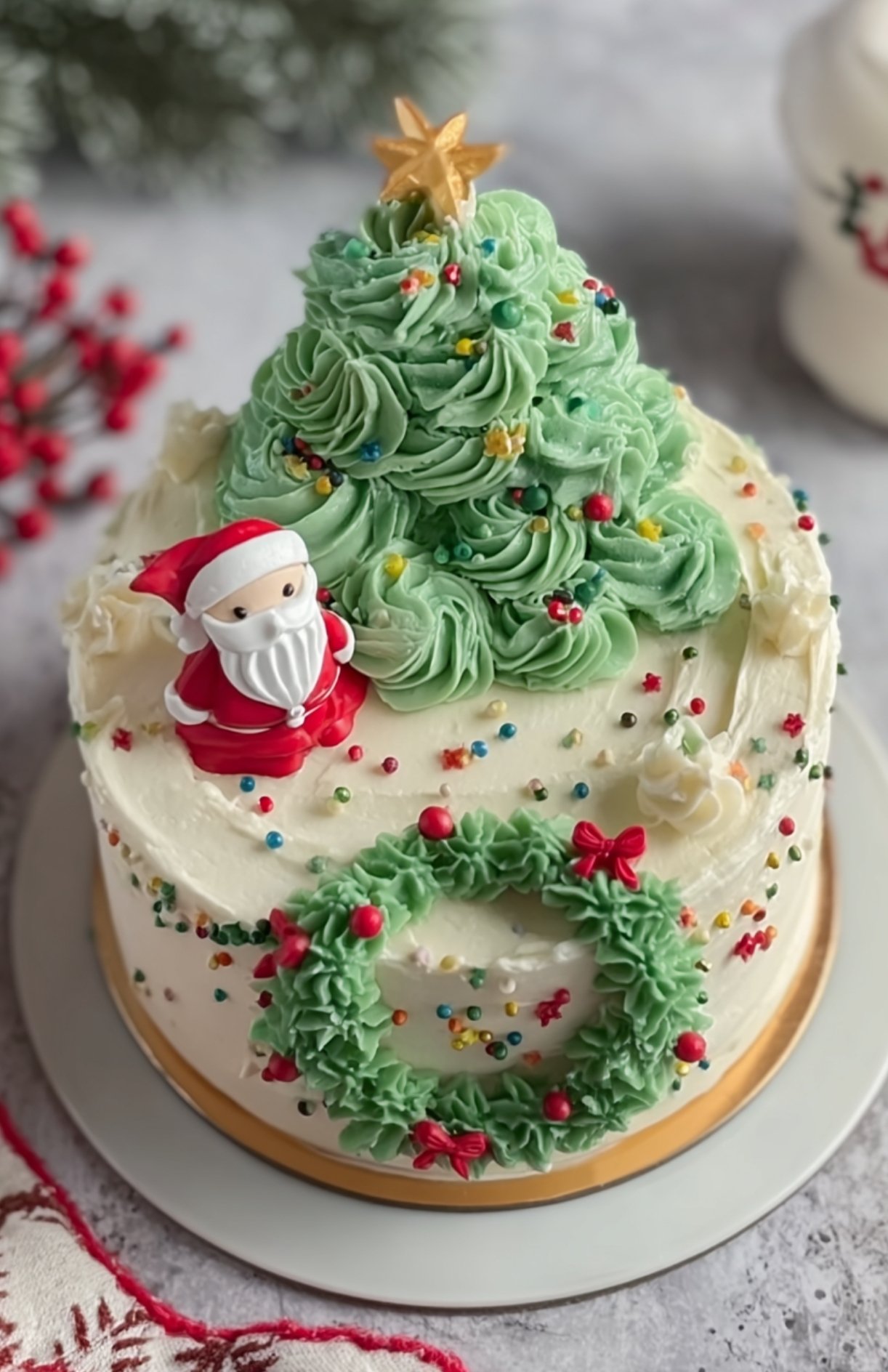 Bento cake tendance décoré façon Noël avec sapin en crème, Père Noël en sucre, perles colorées et couronne verte.