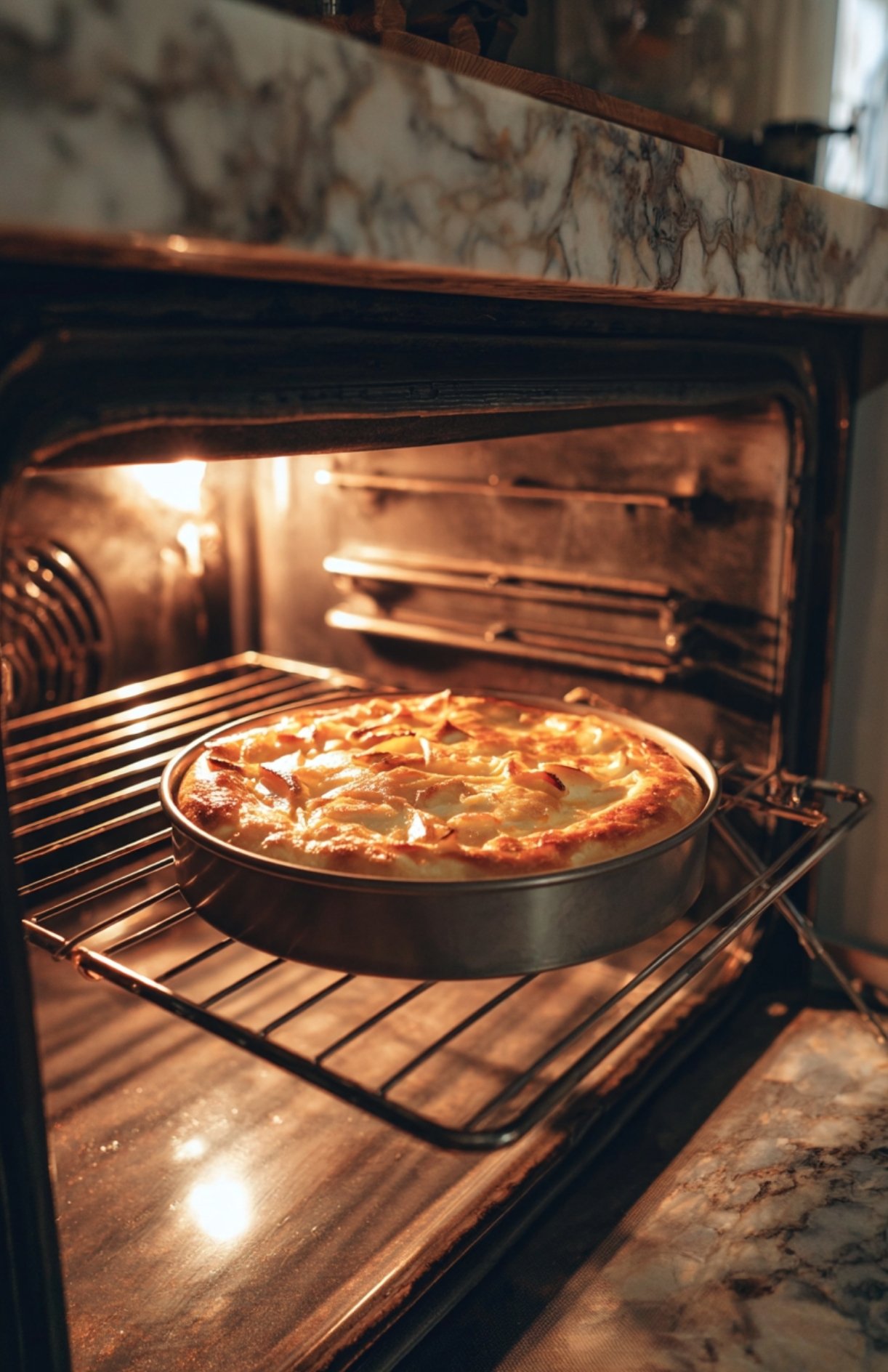 Gâteau au pomme facile en train de cuire dans le four, doré et parfumé à la cannelle.