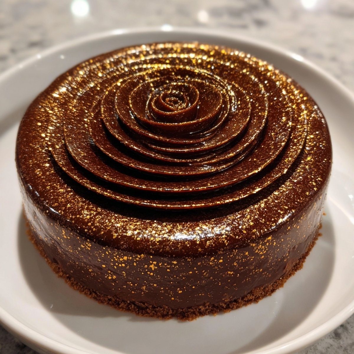 Fedora gateau au chocolat brillant avec décor en spirale dorée sur une assiette blanche, dessert élégant inspiré de Mercotte.