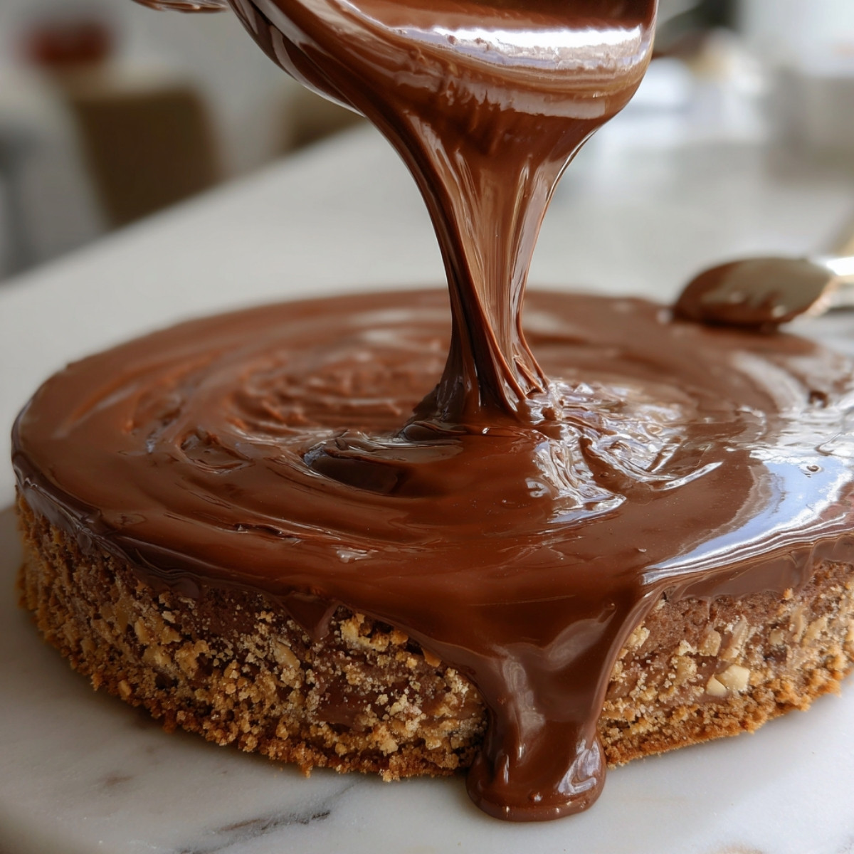 Préparation du Fedora gateau, chocolat fondu versé sur un biscuit croustillant pour créer une base fondante et gourmande.