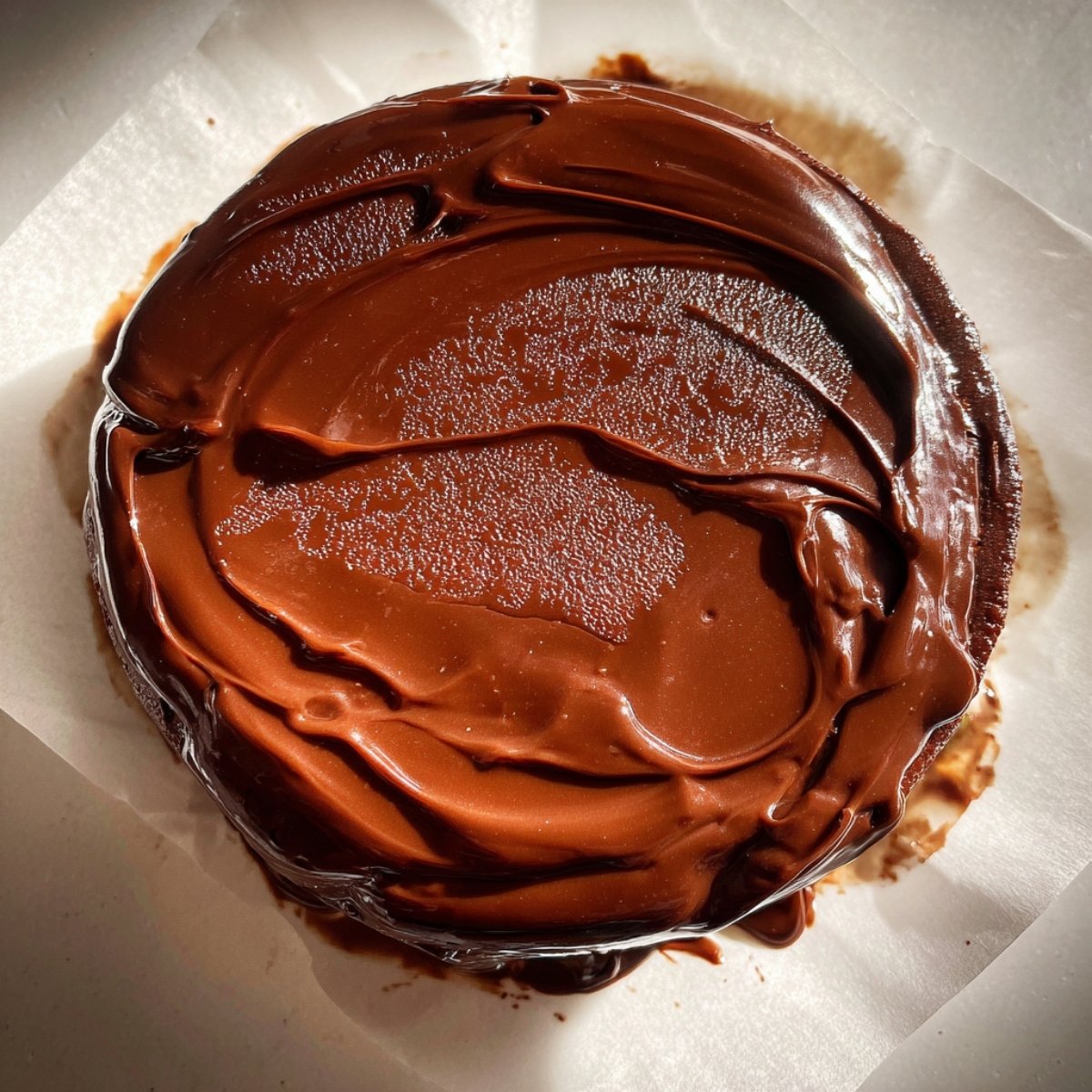 Gâteau Fedora nappé de chocolat onctueux avant décoration, vue rapprochée montrant la texture brillante du glaçage.