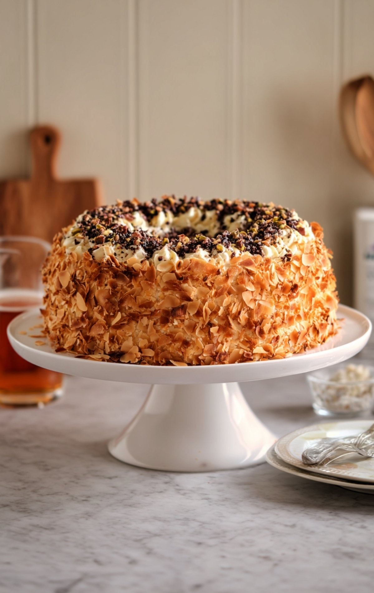 gateau fedora recette italienne, décoré d’amandes effilées et de pistaches, prêt à être dégusté