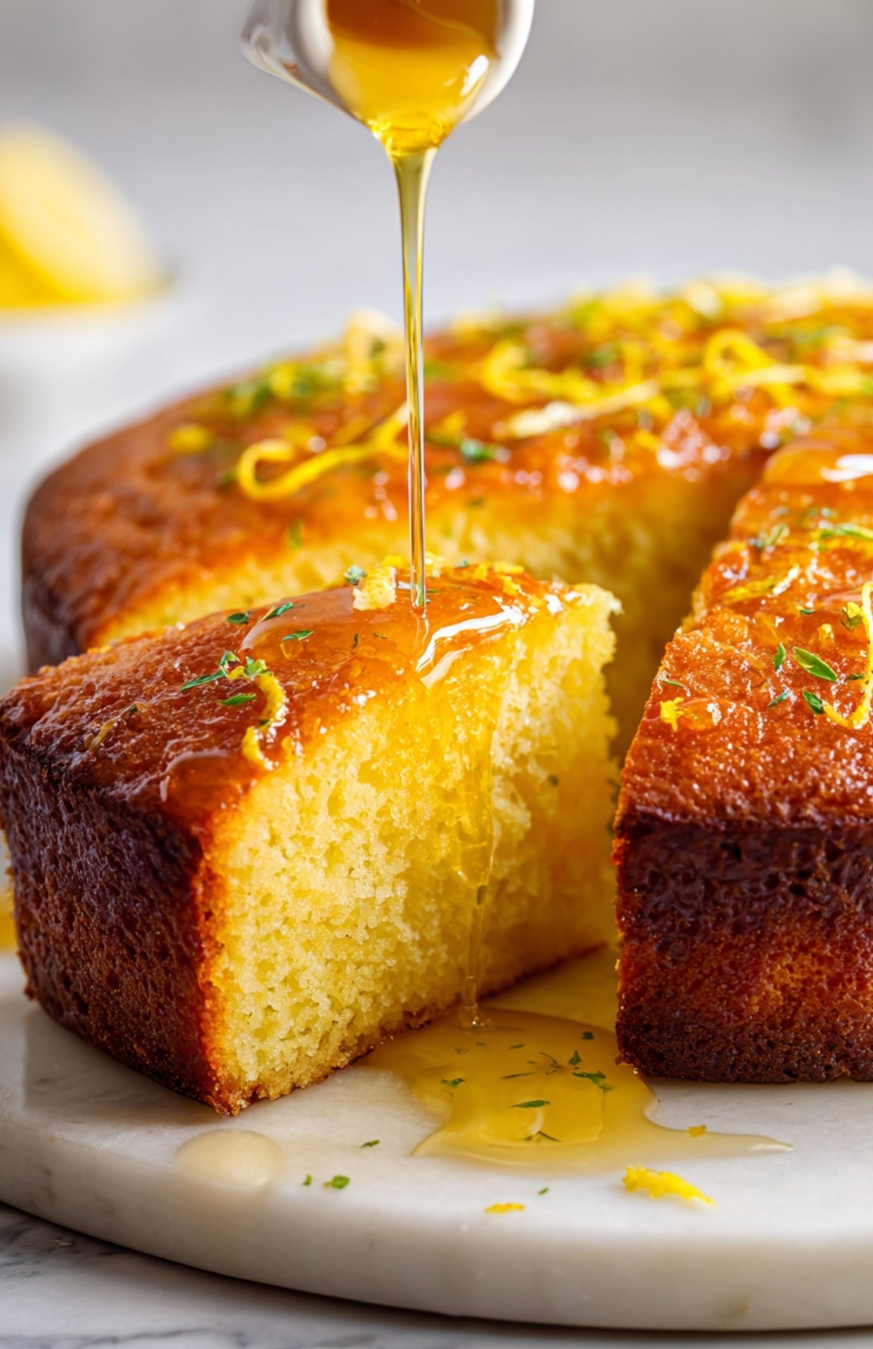 Gâteau au yaourt et citron avec sirop versé sur le dessus, texture ultra moelleuse.