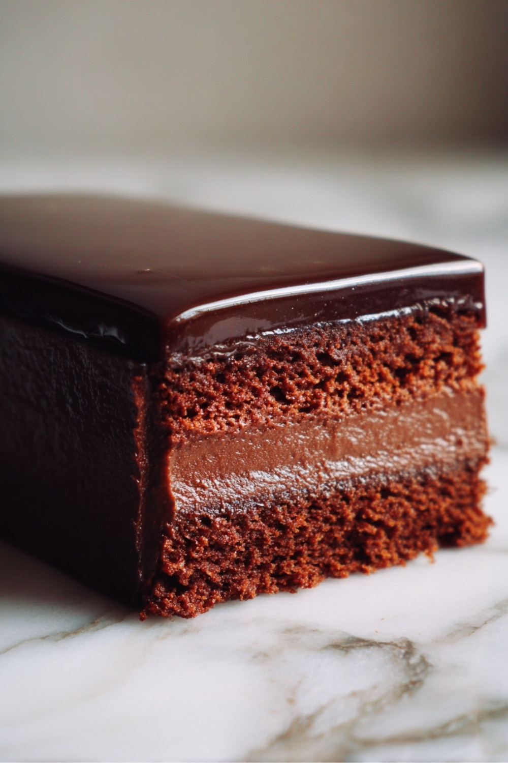Part de gâteau chocolat mascarpone Cyril Lignac servie sur une assiette blanche, texture fondante et nappage lisse