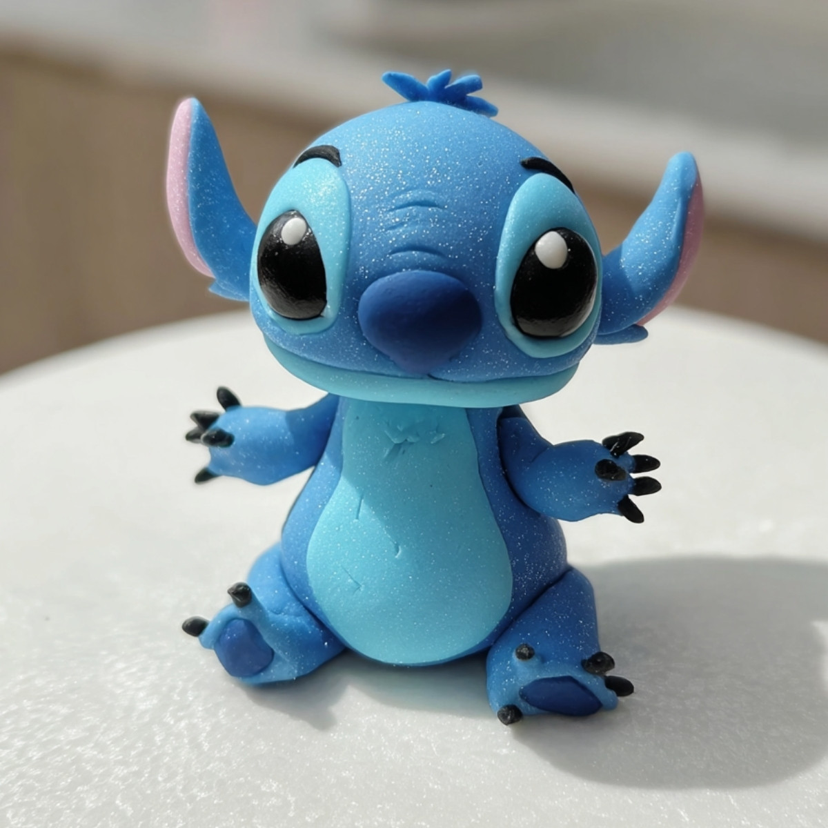 Figurine Stitch terminée en pâte à sucre bleue, avec grands yeux noirs, oreilles roses et détails réalistes pour une décoration de gâteau Disney.