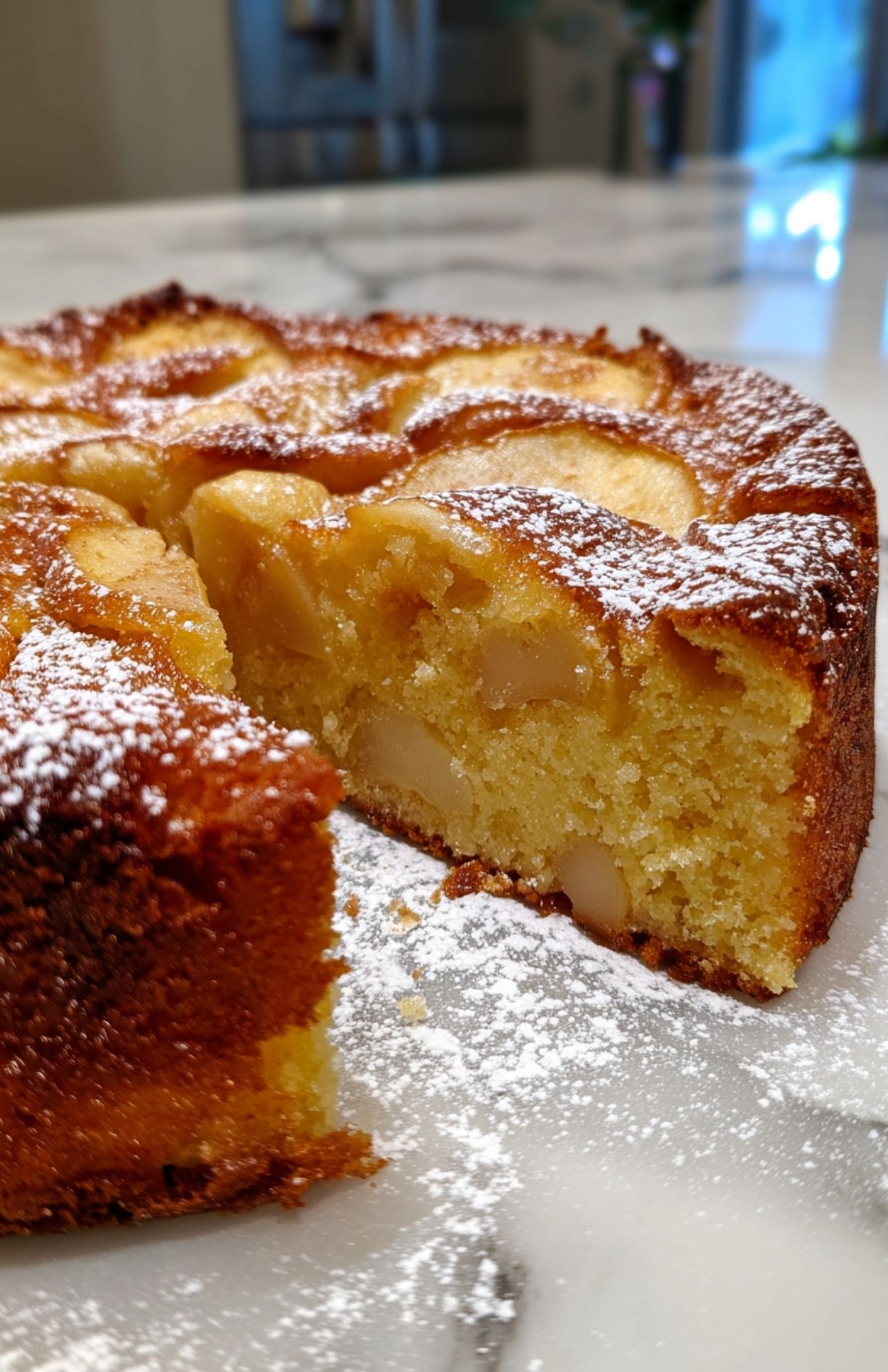 Gâteau pomme cannelle maison, moelleux et doré, garni de fines tranches de pommes fondantes.