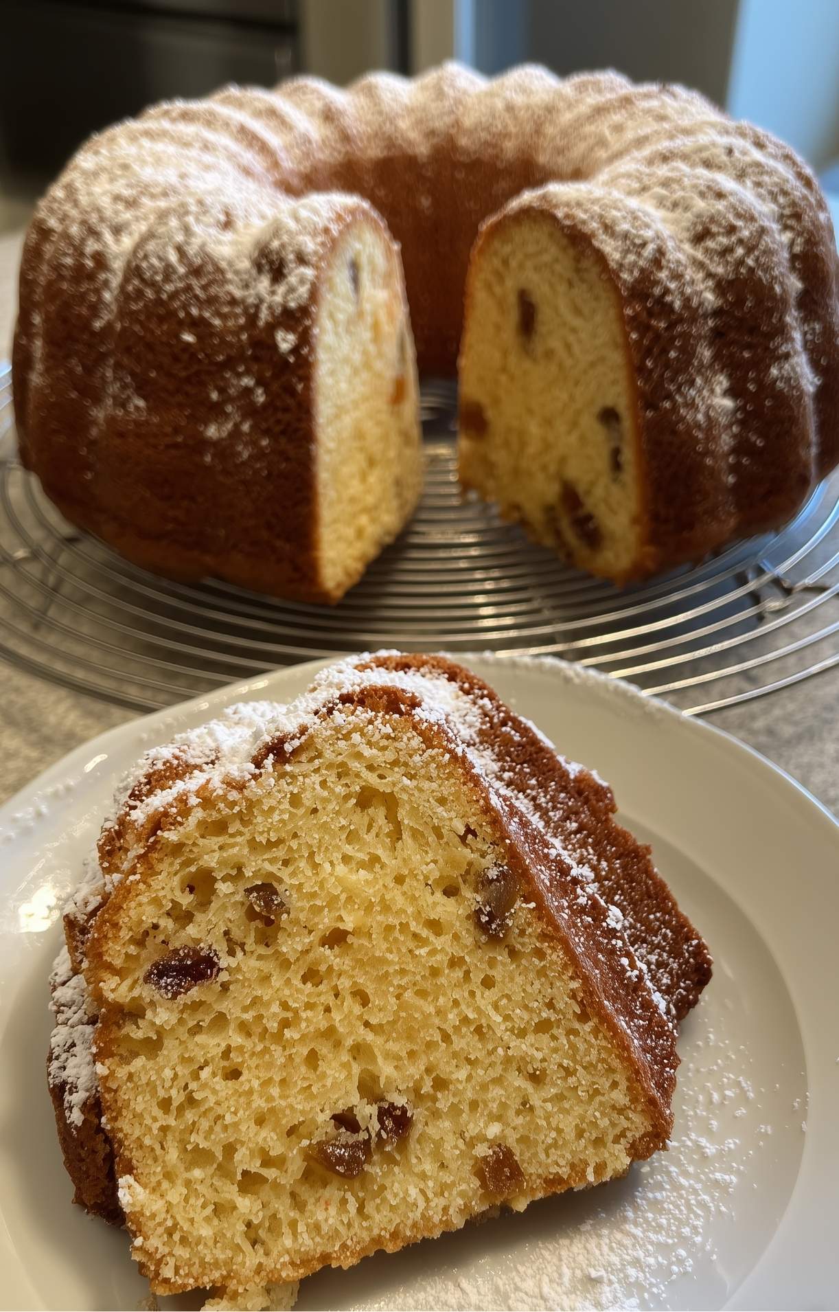 Cake Bundt entier sur grille de refroidissement, une tranche présentée au premier plan