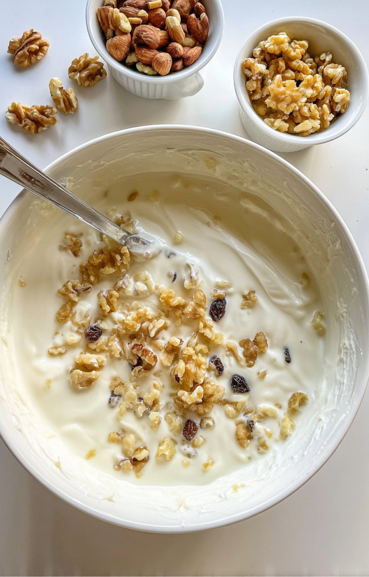 Bol blanc contenant du yaourt mélangé avec des noix concassées et des raisins, cuillère en métal dedans
