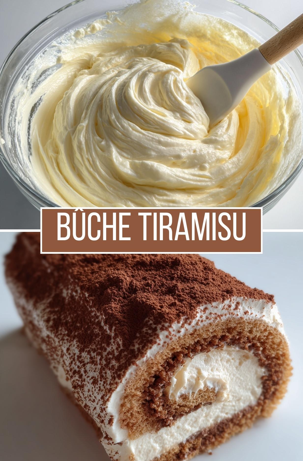 Part de bûche tiramisu montrant des couches nettes de crème mascarpone et biscuit imbibé au café