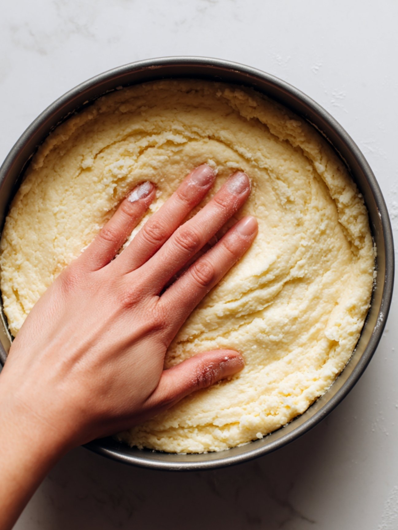Pâte sablée du gâteau breton pressée à la main dans un moule rond avant création du quadrillage.
