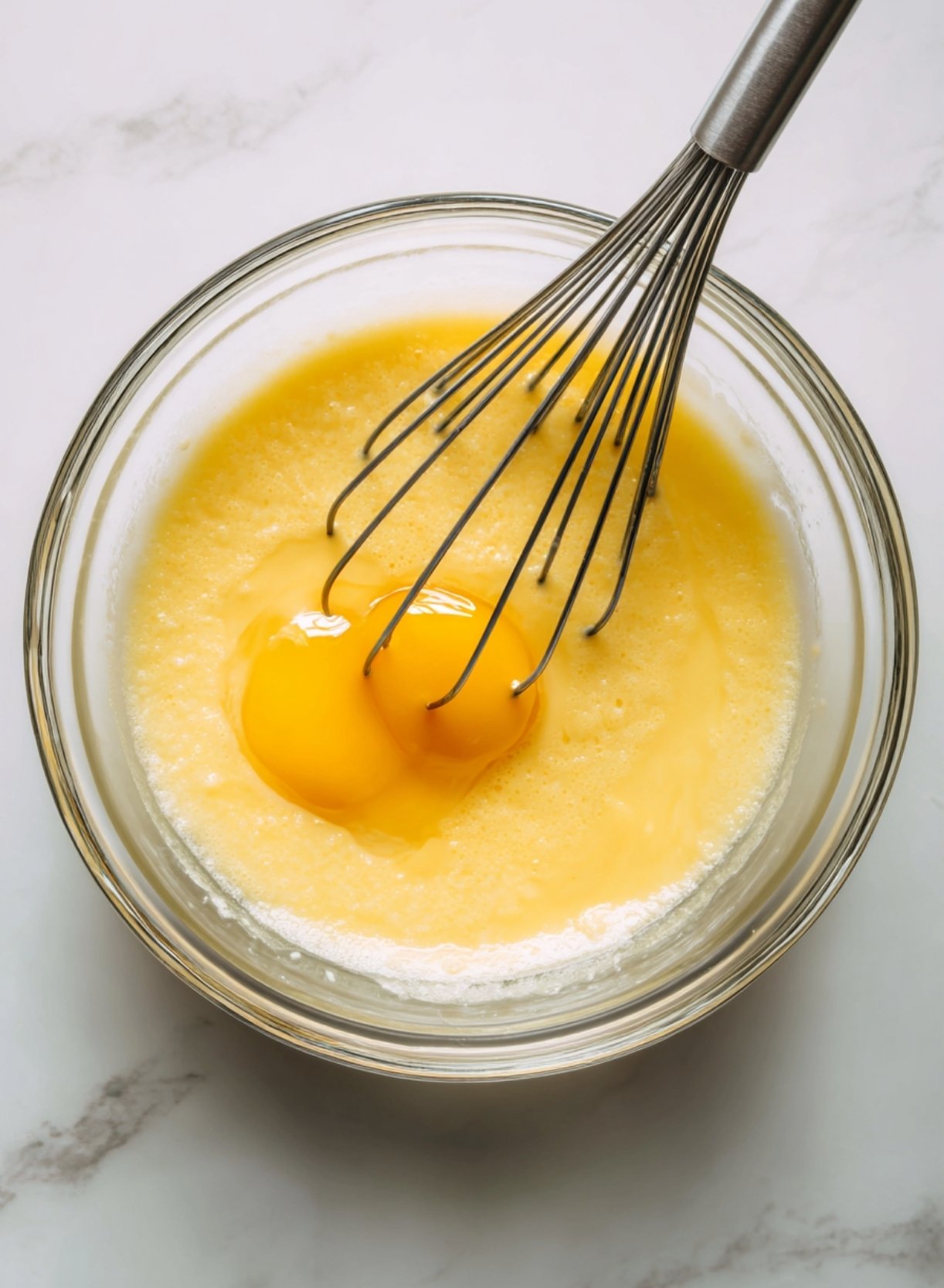 Mélange du sucre et des jaunes d'œufs pour la recette du gâteau minute vendéen