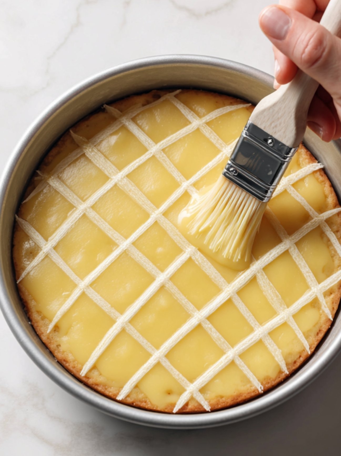 Gâteau breton sablé avant cuisson, quadrillage traditionnel tracé à la fourchette et dorure au jaune d'œuf dans un moule rond.