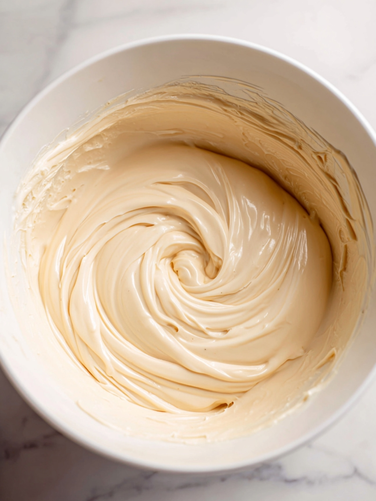 Mélange lisse de mascarpone et chocolat Kinder Bueno White fondu dans un bol blanc.