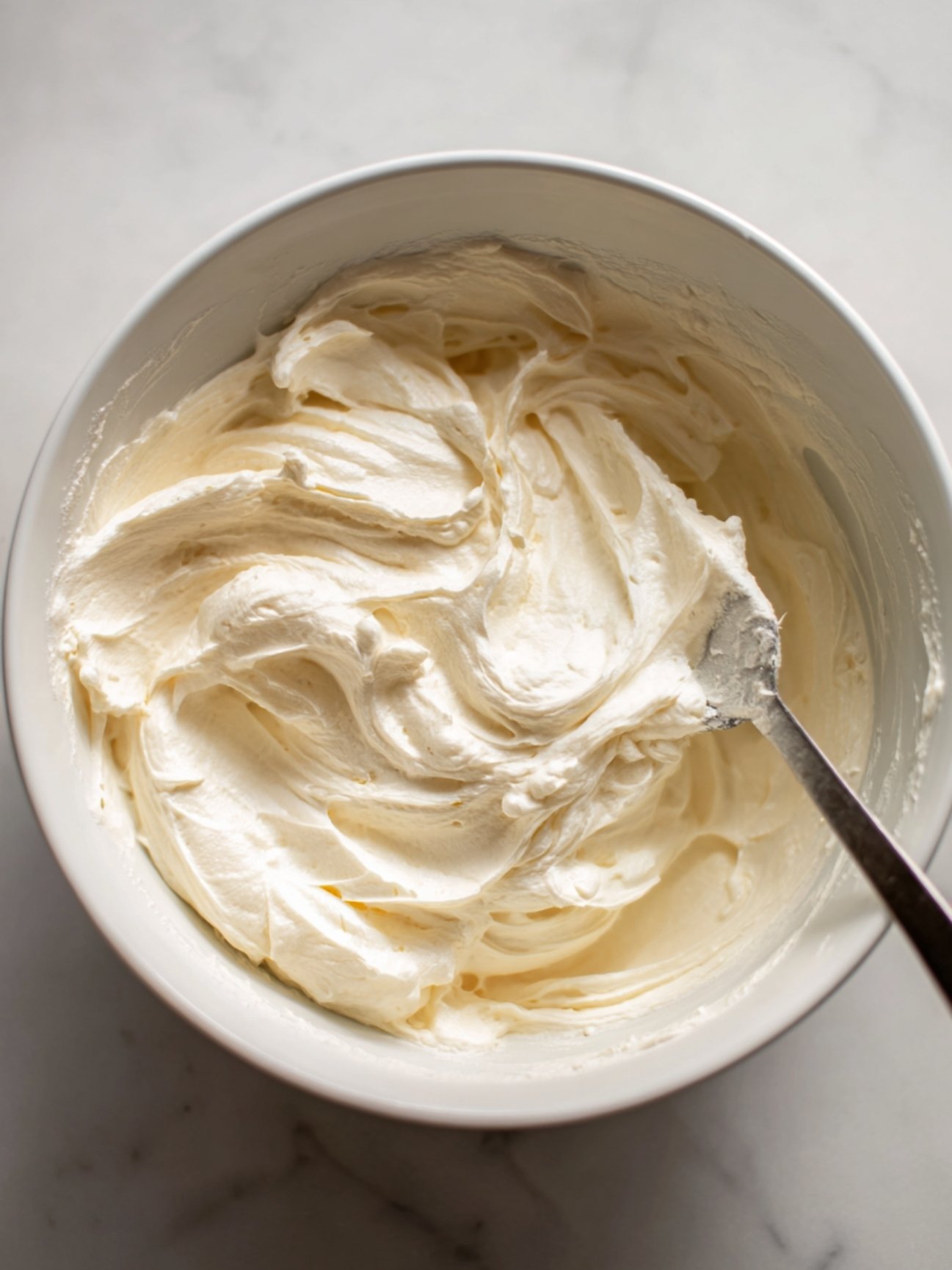 Préparation de la crème onctueuse pour tiramisu : mélange de mascarpone, sucre glace et crème chantilly dans un bol blanc.