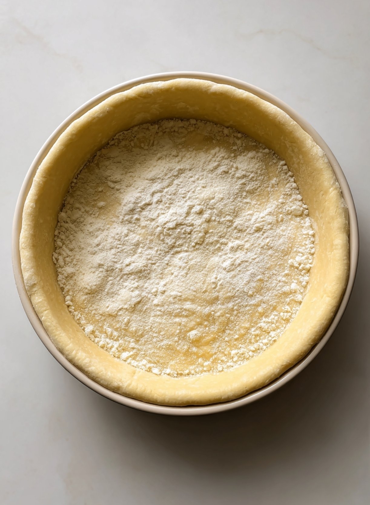 Fond de pâte maison du flan maraîchin prêt à cuire dans un moule beurré vendéen