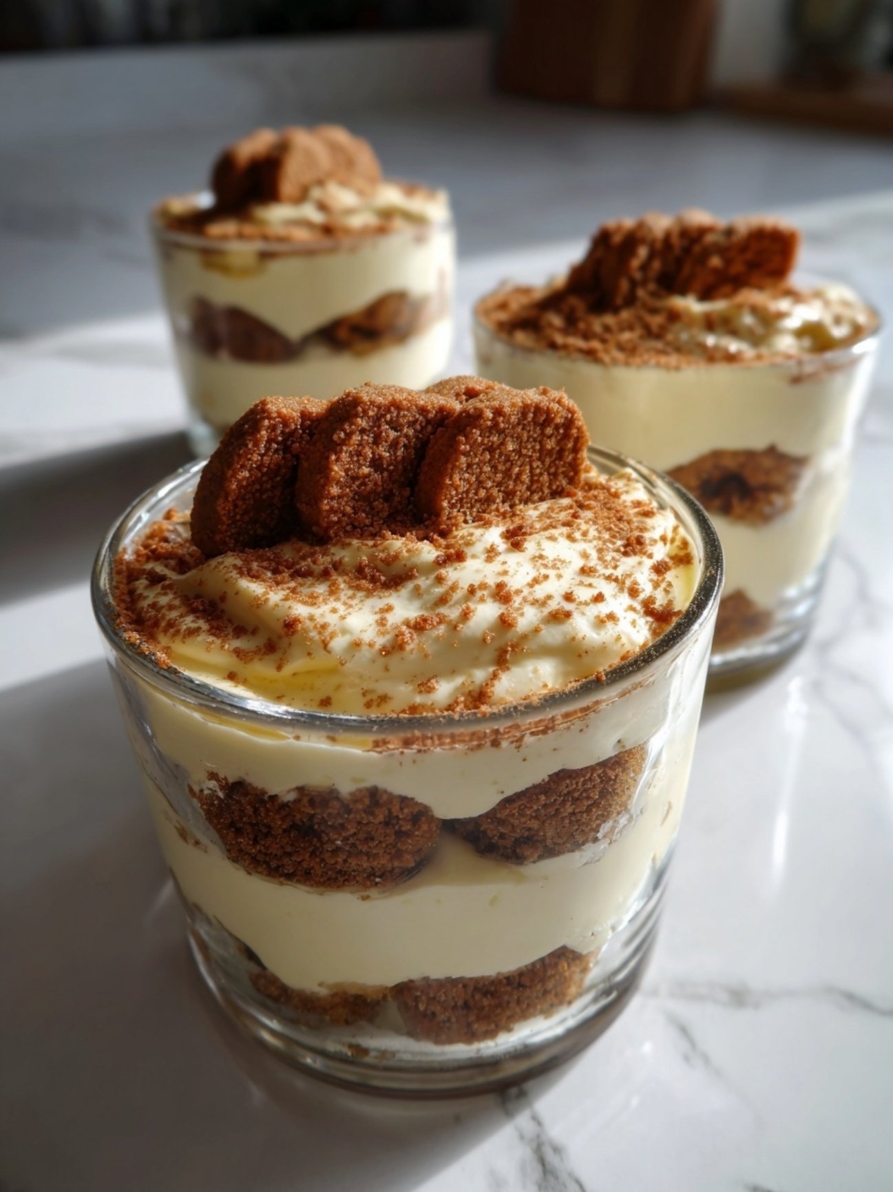 Montage final du tiramisu speculoos sans oeuf en verrines individuelles sur un plan de travail en marbre.