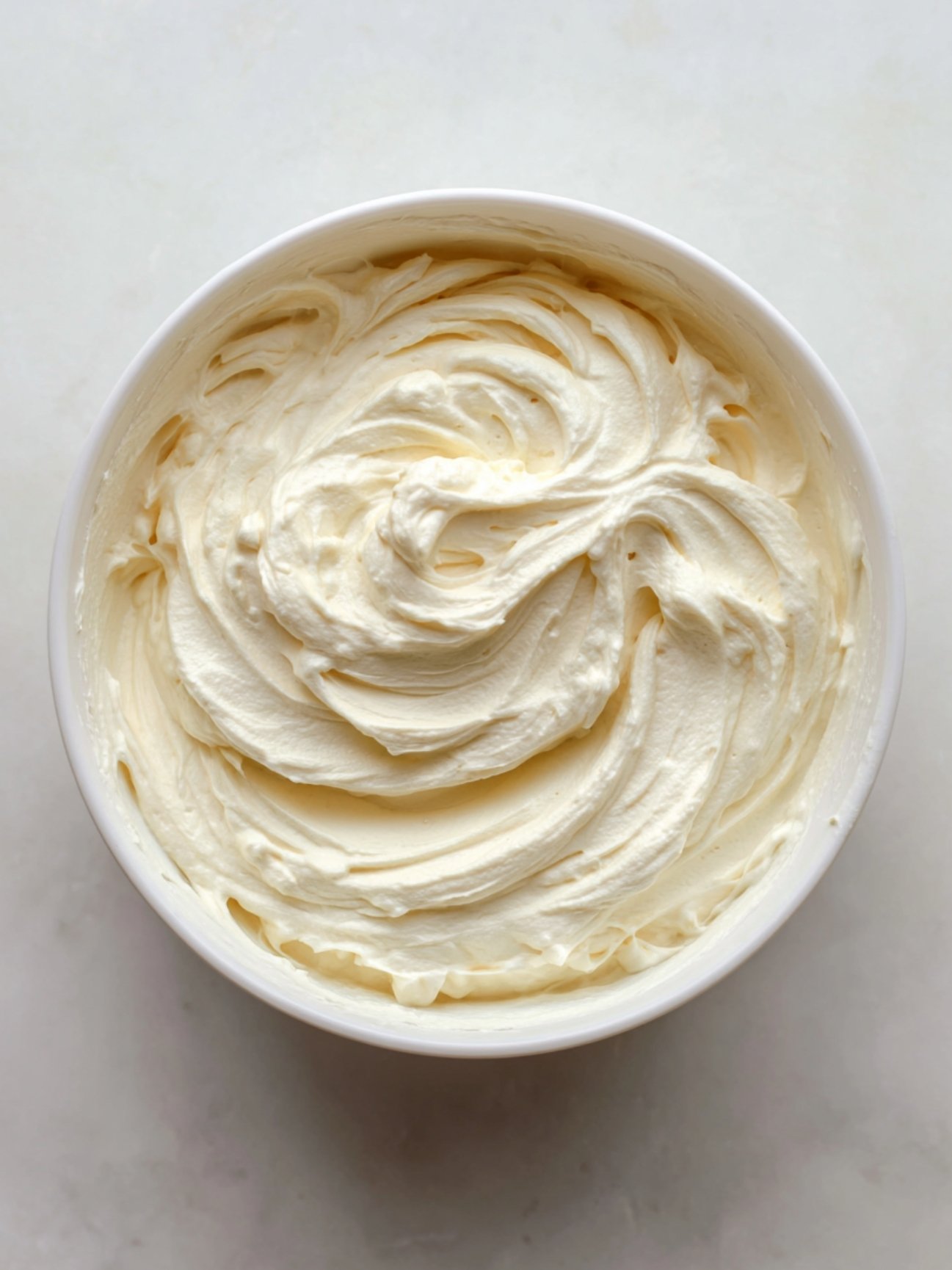 Mélange lisse et onctueux de mascarpone et de sucre dans un bol blanc.