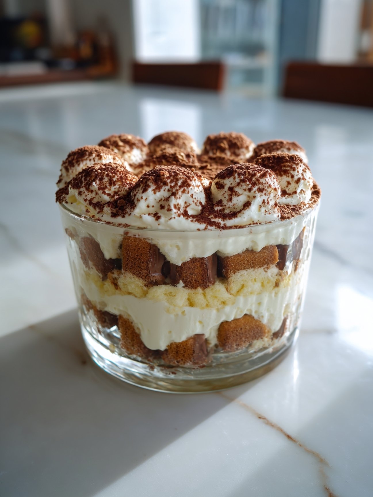 Verrine de tiramisu Kinder Bueno White avec couches de biscuits, crème et cacao.
