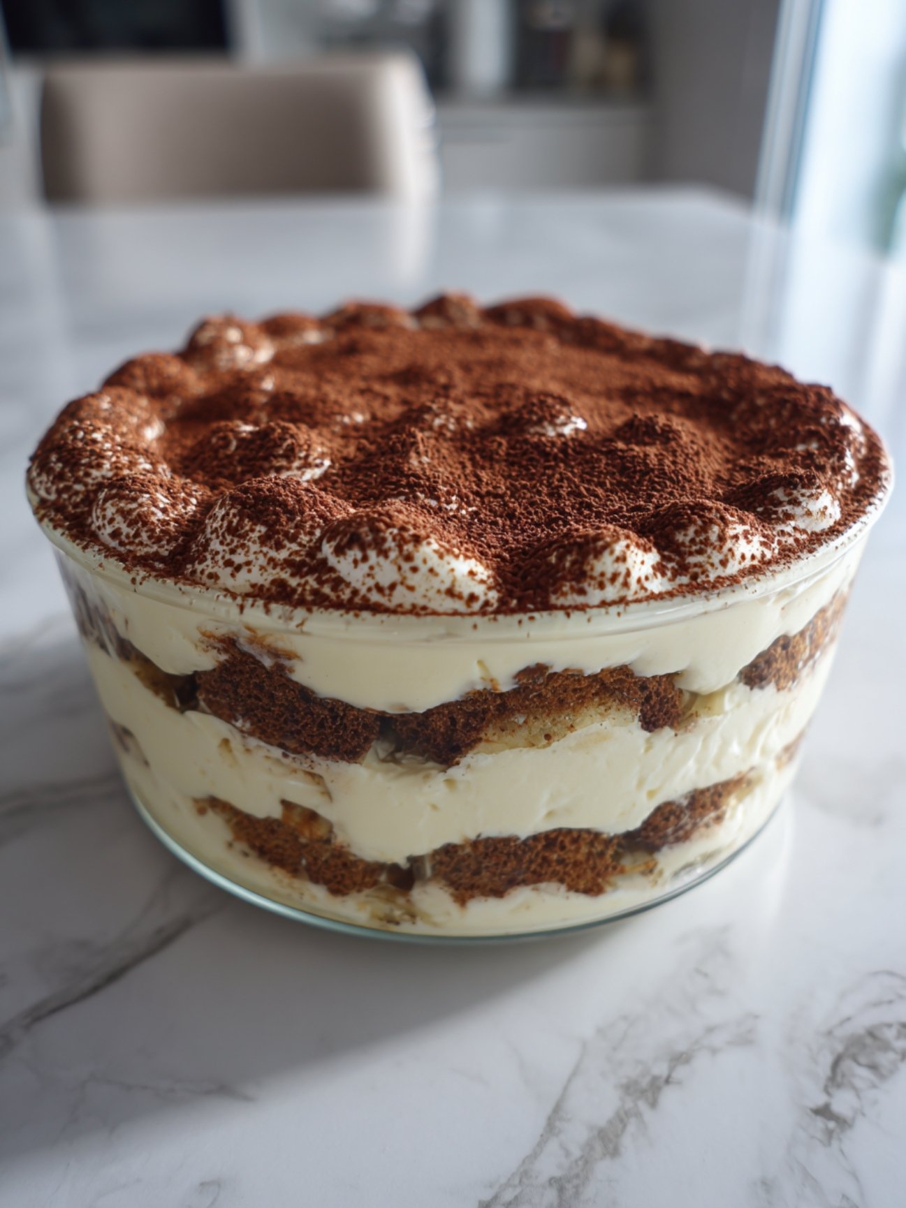 Gros plan sur les couches de biscuits café et crème d'un tiramisu sans œufs en neige.