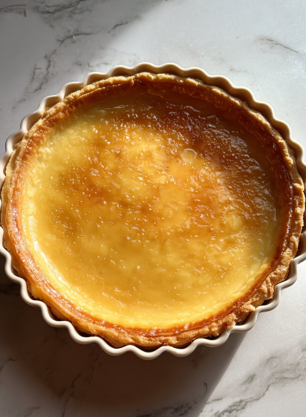 Flan maraîchin cuit au four avec surface dorée et texture ferme typique du fion vendéen